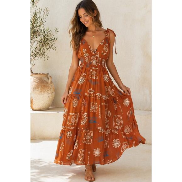 Patrons of Peace Dresses & Skirts - Patrons of Peace Maxi Dress Womens Small Boho Orange Print Tie Strap Flowing